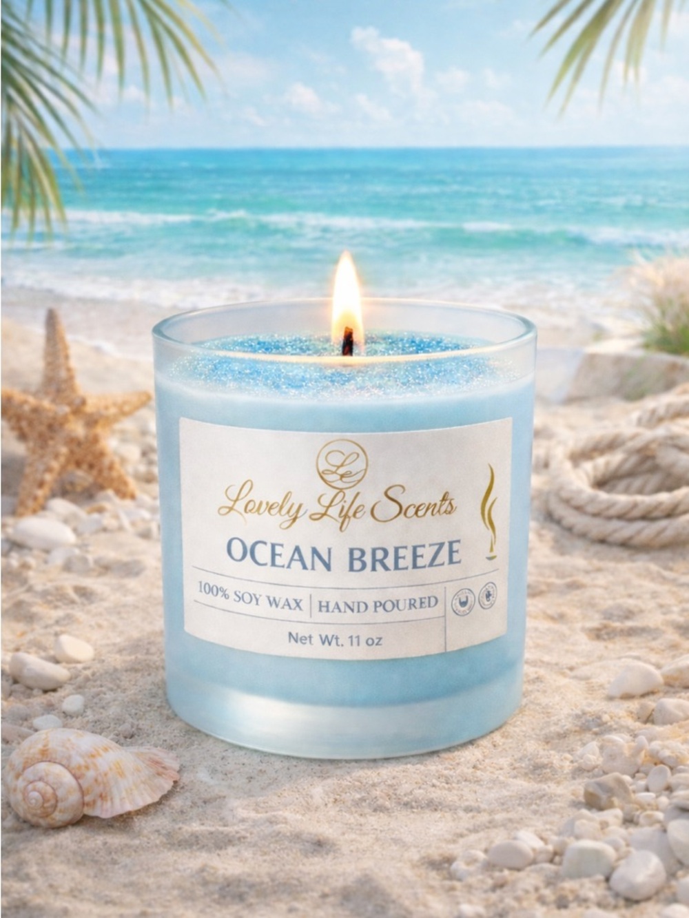 Ocean Breeze 11 oz Premium Soy Candle, Fresh Airy Scent by Lovely Life Scents